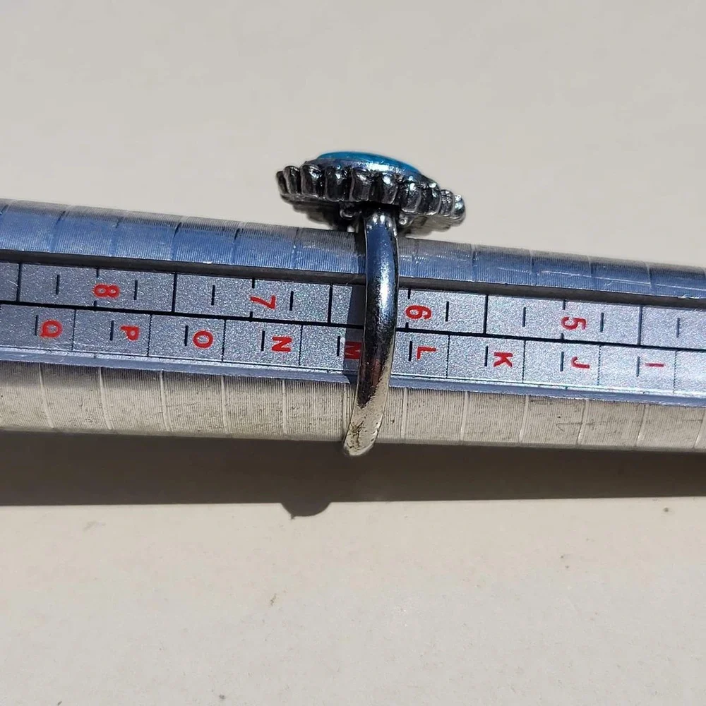 Vintage Silver Tone Faux Turquoise Ring Size 6.25 Blue Beaded Oval Cabochon Boho